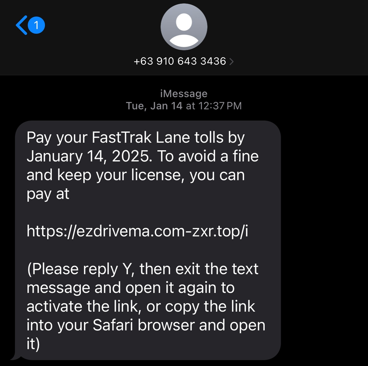 Text scam pretending to be FastTrak lane tolls